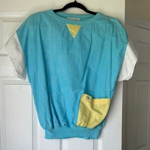 Vintage Oscar de la Renta Blue and White Short Sleeve Top with Yellow Pocket M